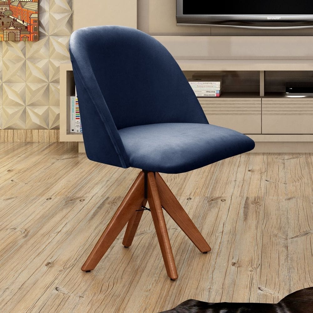 Poltrona Decorativa Gaia Giratória Madeira para Sala, Quarto, Recepção Azul Marinho