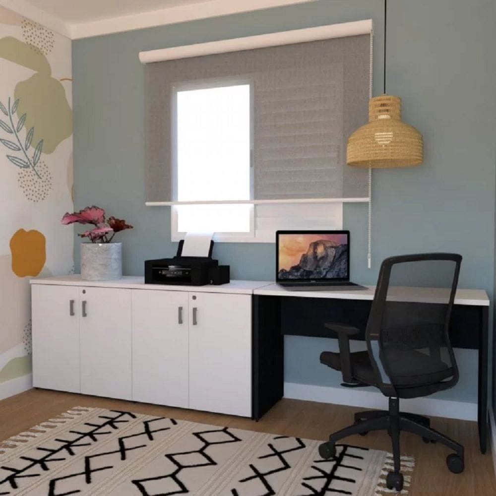 Kit Home Office Escrivaninha Balcão 4 Portas Tonal Bramov Preto/Branco