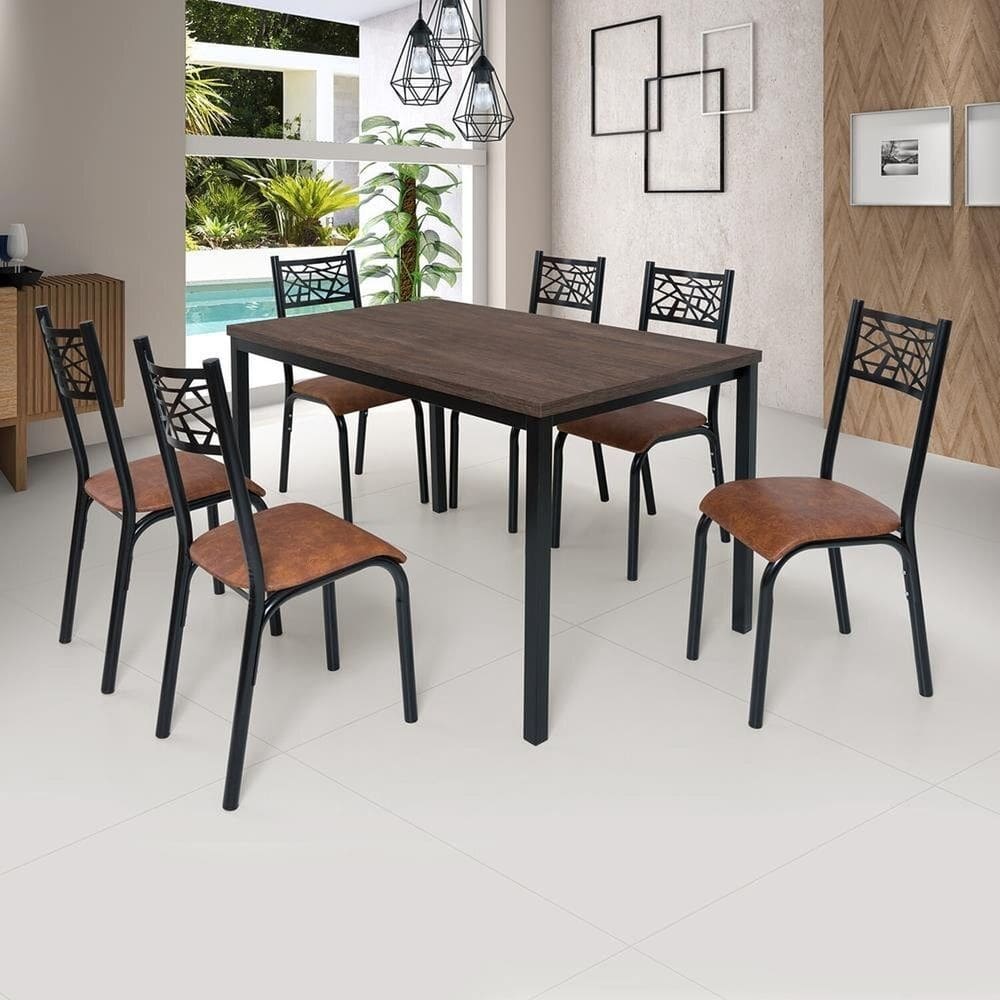 Conjunto Jade Flex 1,36m Tampo Laminado com 6 Cadeiras Preto Fosco/Caramelo/Amendoa