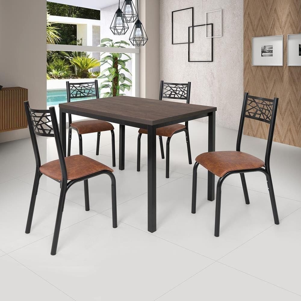 Conjunto Jade Flex 1,10m Tampo Laminado com 4 Cadeiras Preto Fosco/Caramelo/Amendoa