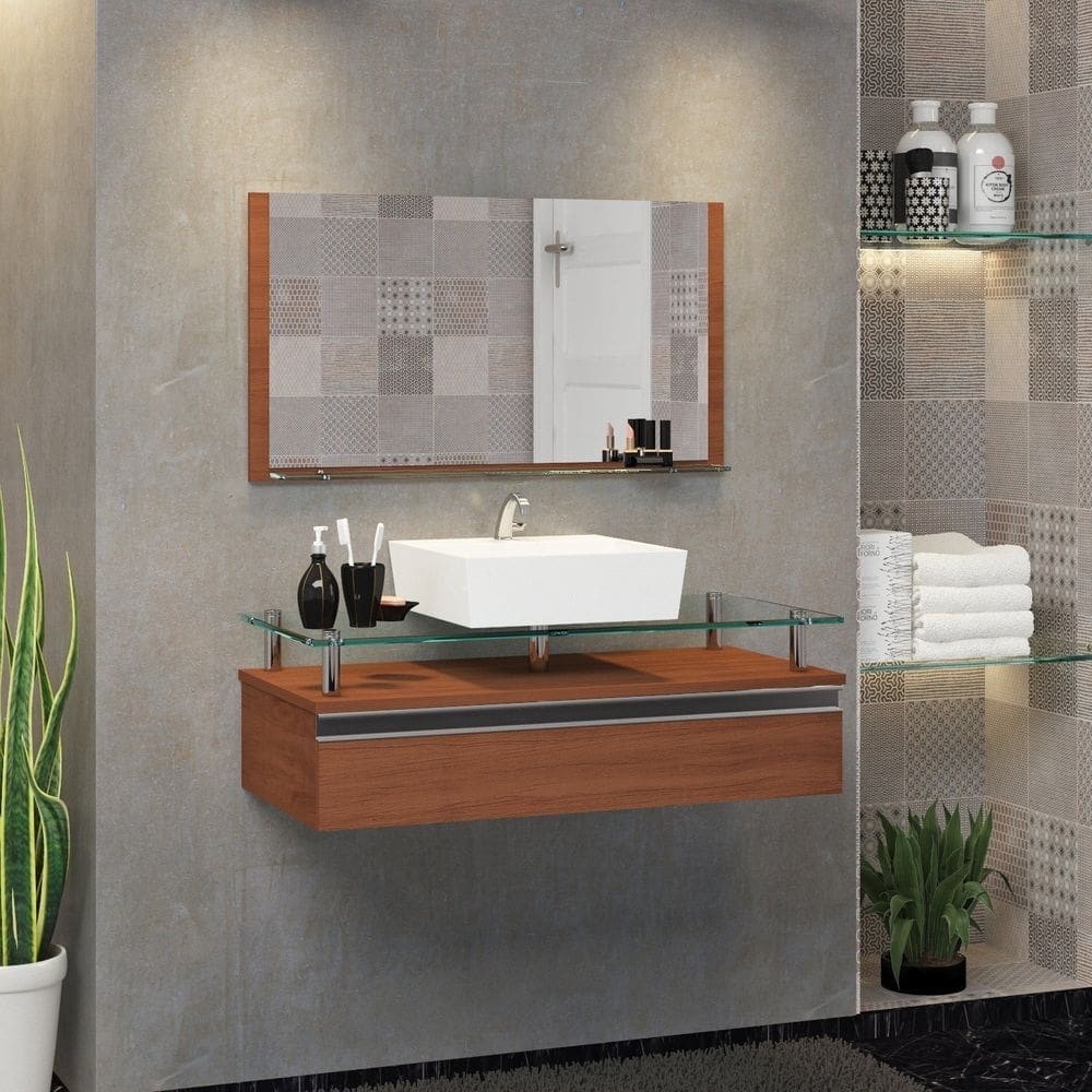 Conjunto Gabinete Banheiro 80cm Ametista Marrom/Marrom