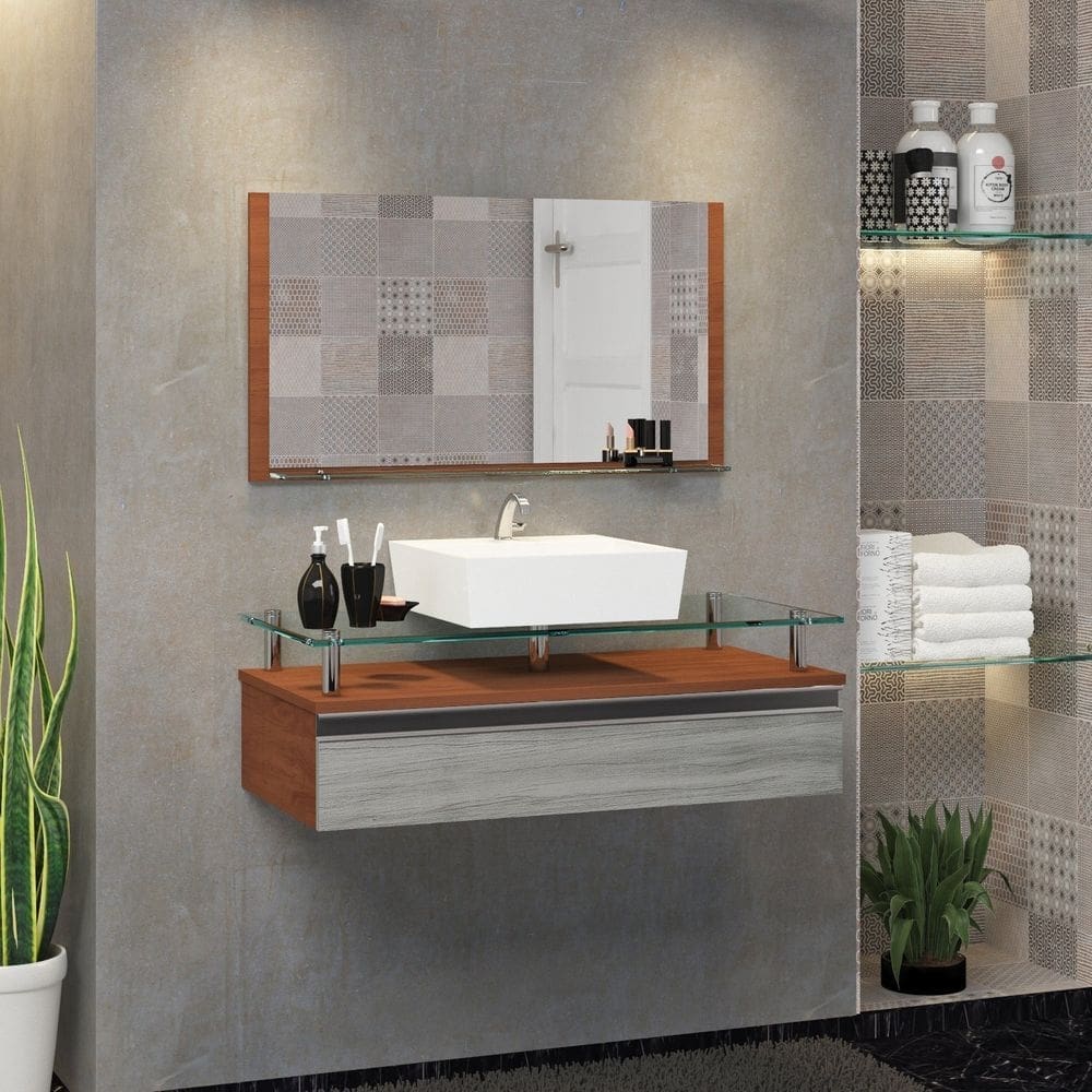 Conjunto Gabinete Banheiro 80cm Ametista Marrom/Rovere