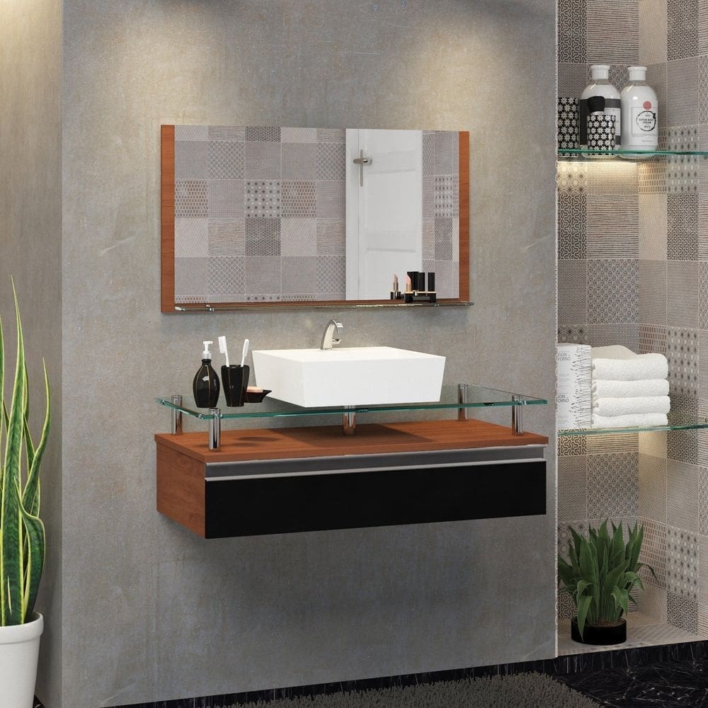 Conjunto Gabinete Banheiro 60cm Ametista Marrom/Preto
