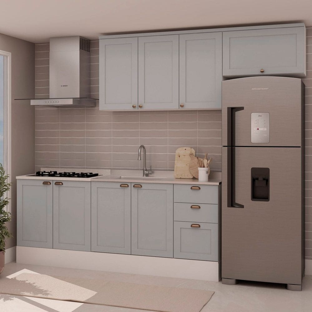 Cozinha 4 Peças com Aéreo para Geladeira e Balcão com Tampo Impermeável para Cooktop 100% Mdf Branco/Cinza