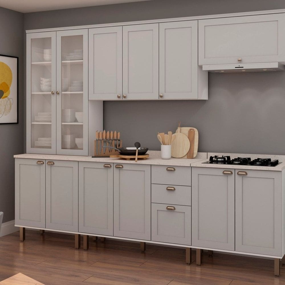 Cozinha Modulada com Cristaleira e Balcão para Cooktop e Tampos Impermeáveis 100% Mdf Iluminata Branco/Cinza