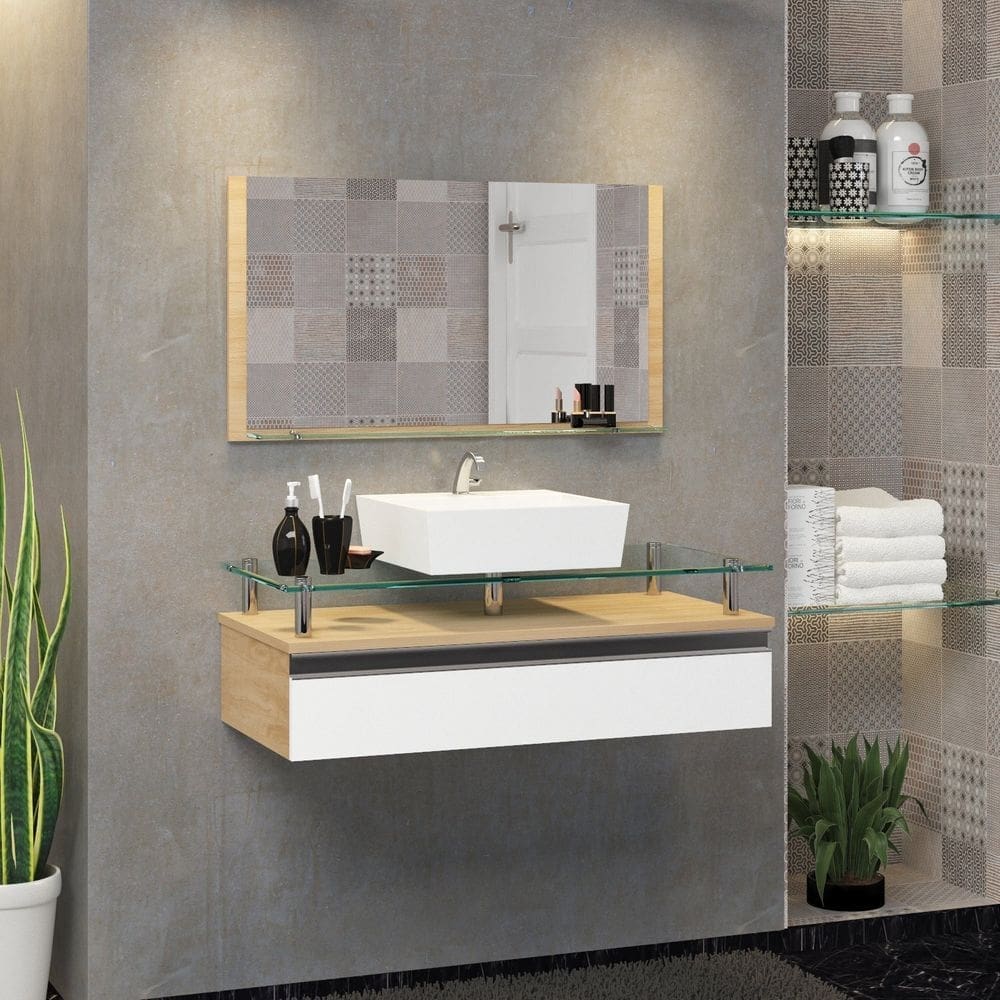 Conjunto Gabinete Banheiro 60cm Ametista Freijó/Branco