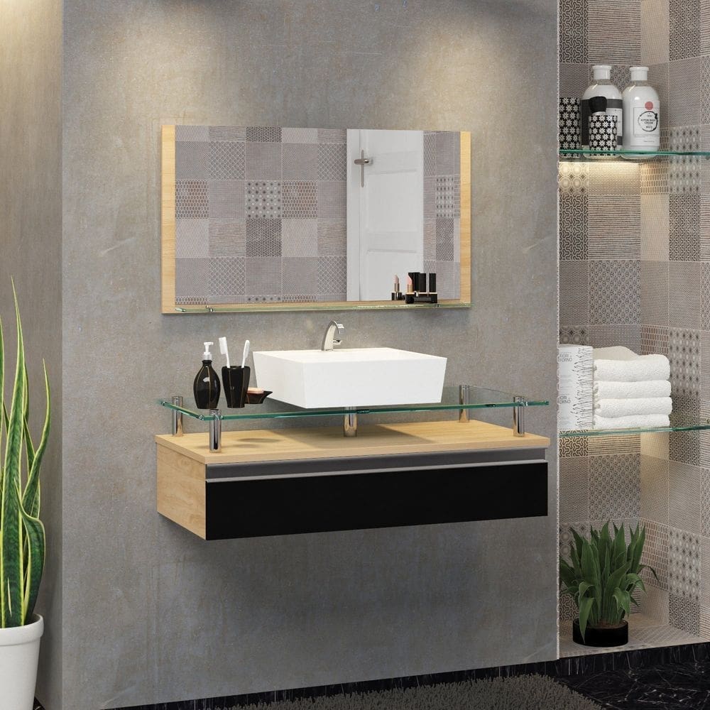 Conjunto Gabinete Banheiro 60cm Ametista Freijó/Preto