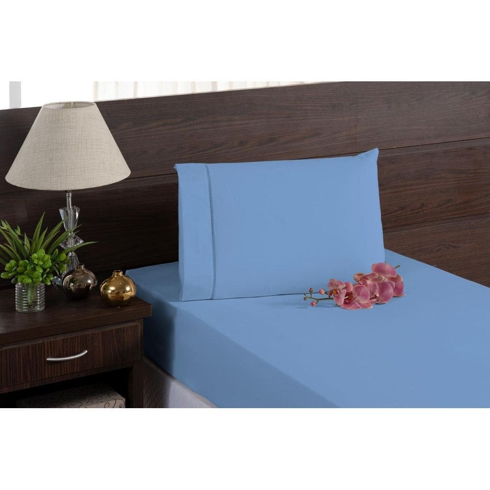 Kit lençol fronha micropercal 400 fios azul com elástico