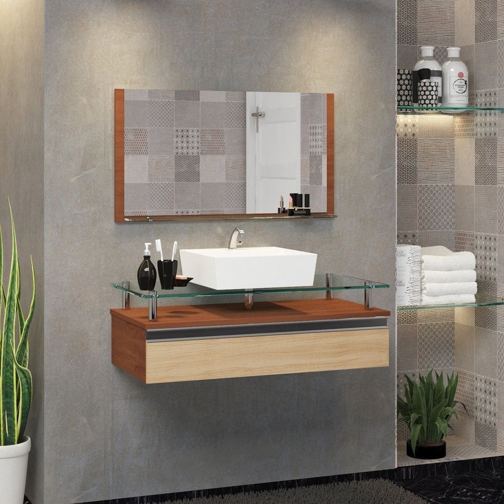 Conjunto Gabinete Banheiro 60cm Ametista Marrom Freijo