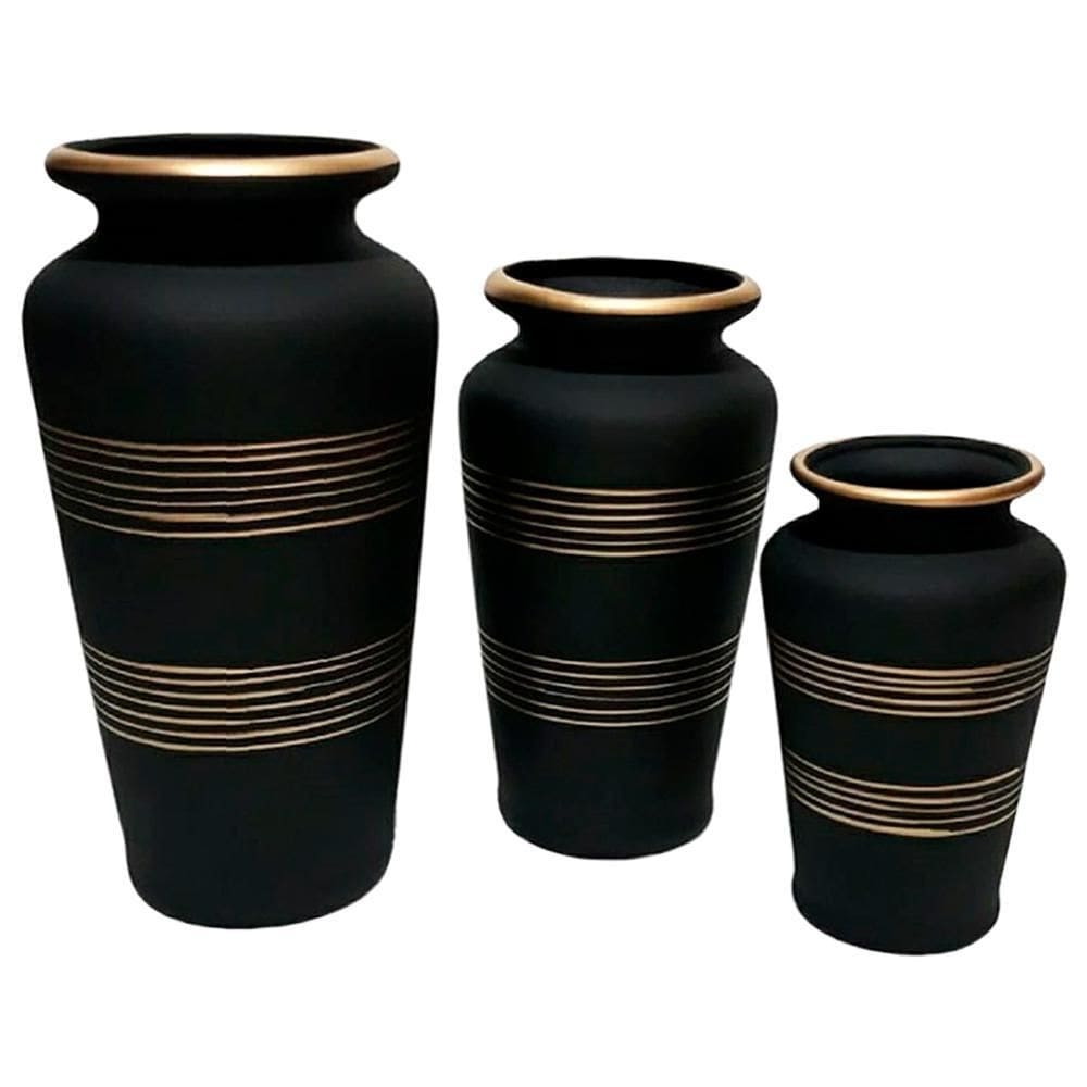 Trio Vasos Urnas Gregas Em Cerâmica Fosca De Sala Black Gold