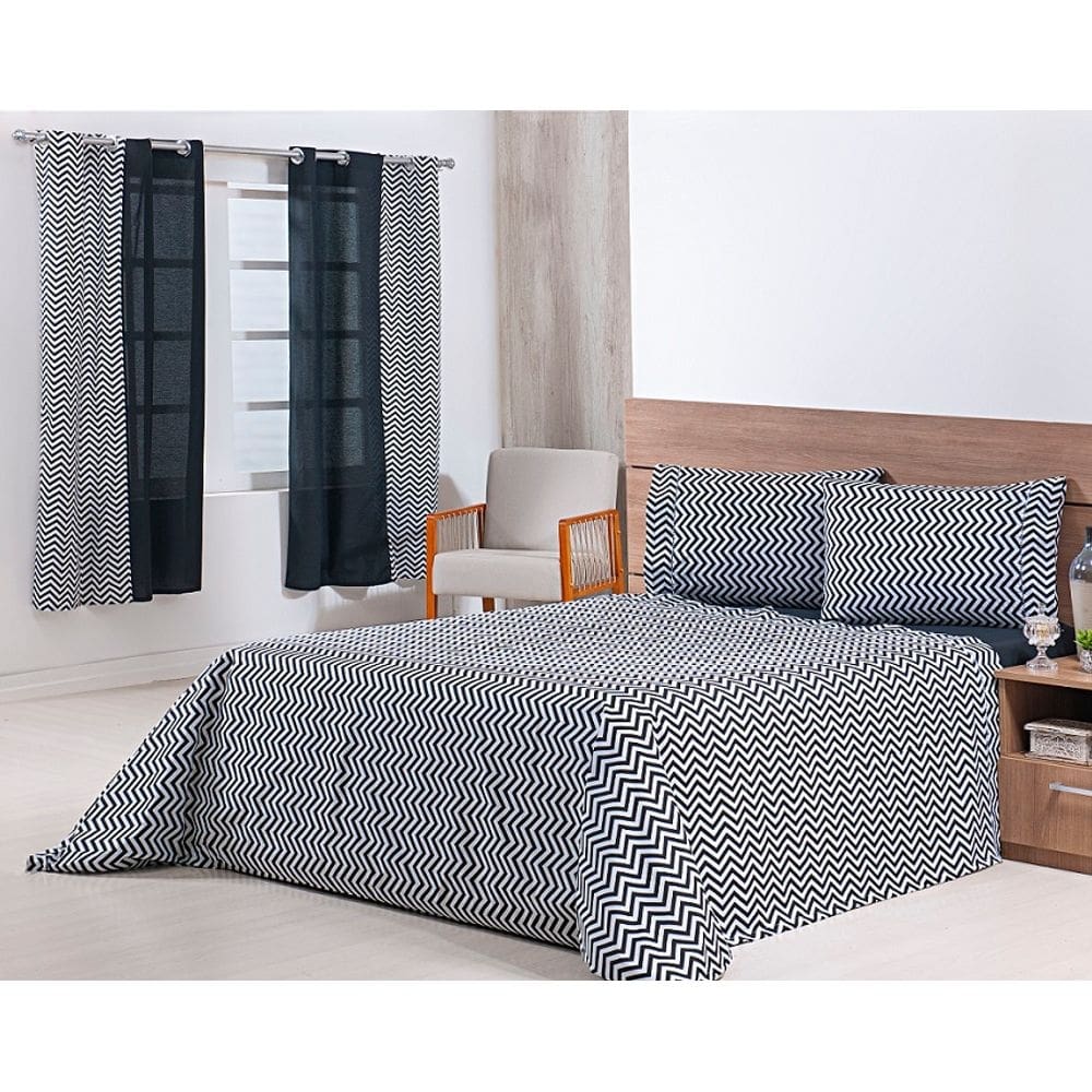 Jogo Lençol 4 Peças Cama Viúva 1,88mx1,28mx30cm 100% Algodão 180 Fios Chevron Preto