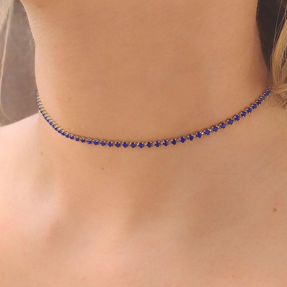 Choker De Strass Azul Escuro Folheado A Ouro18K