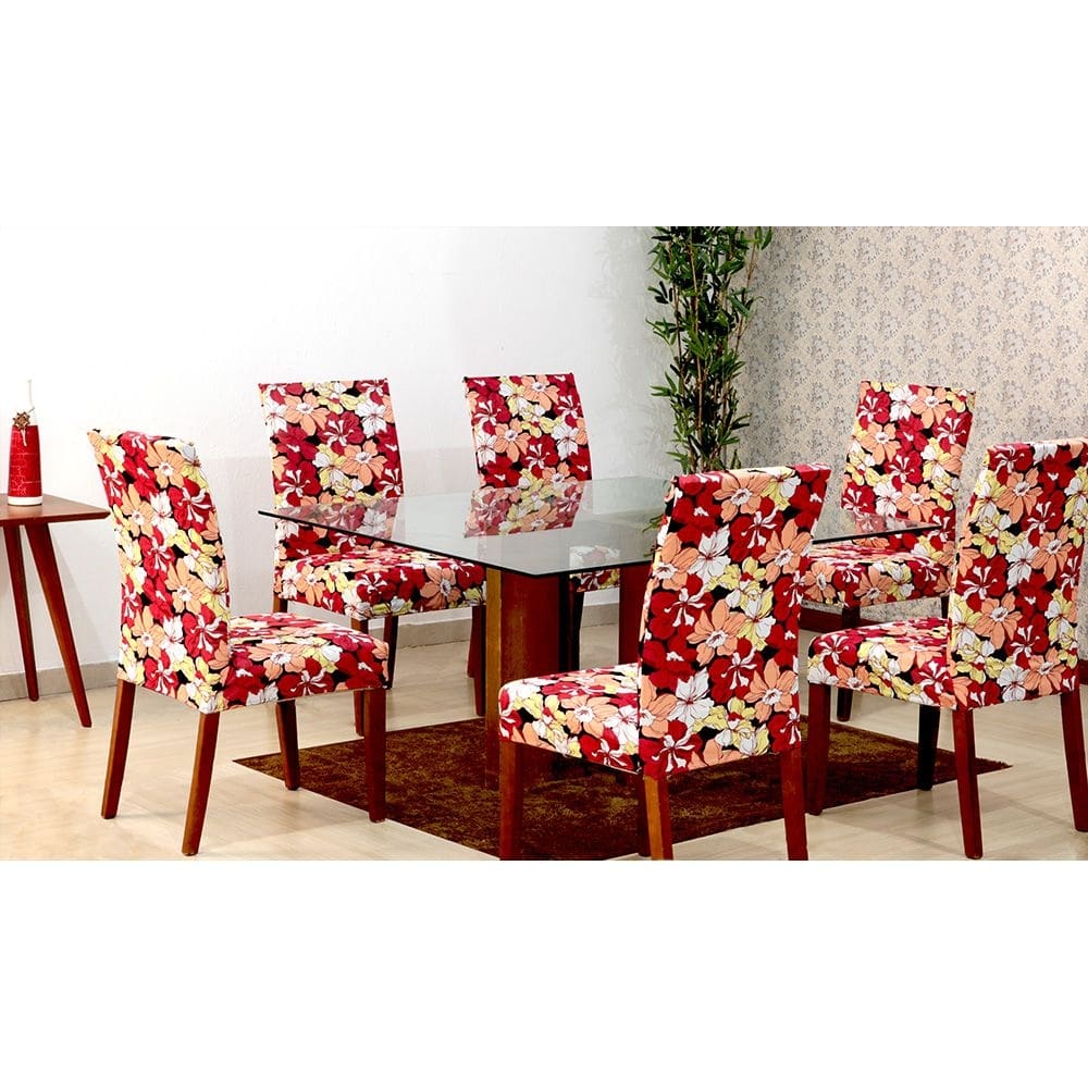 Capas De Cadeira 06 Lugares Floral Vermelho