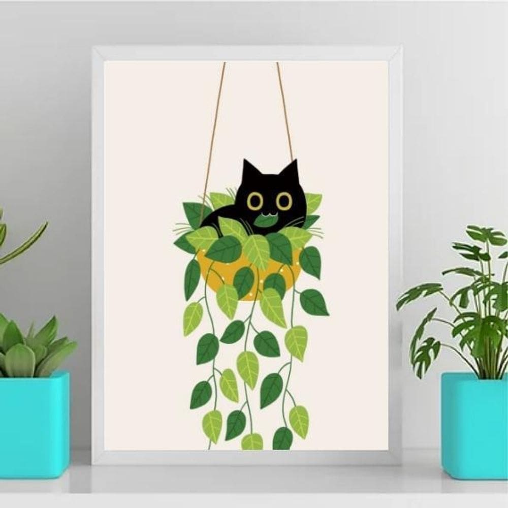 Quadro Gatinho No Vaso De Planta 33X24Cm - Com Vidro