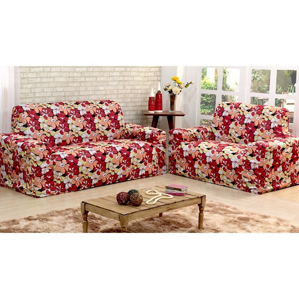 Capa De Sofá Adere Floral Vermelho 02 E 03 Lugares