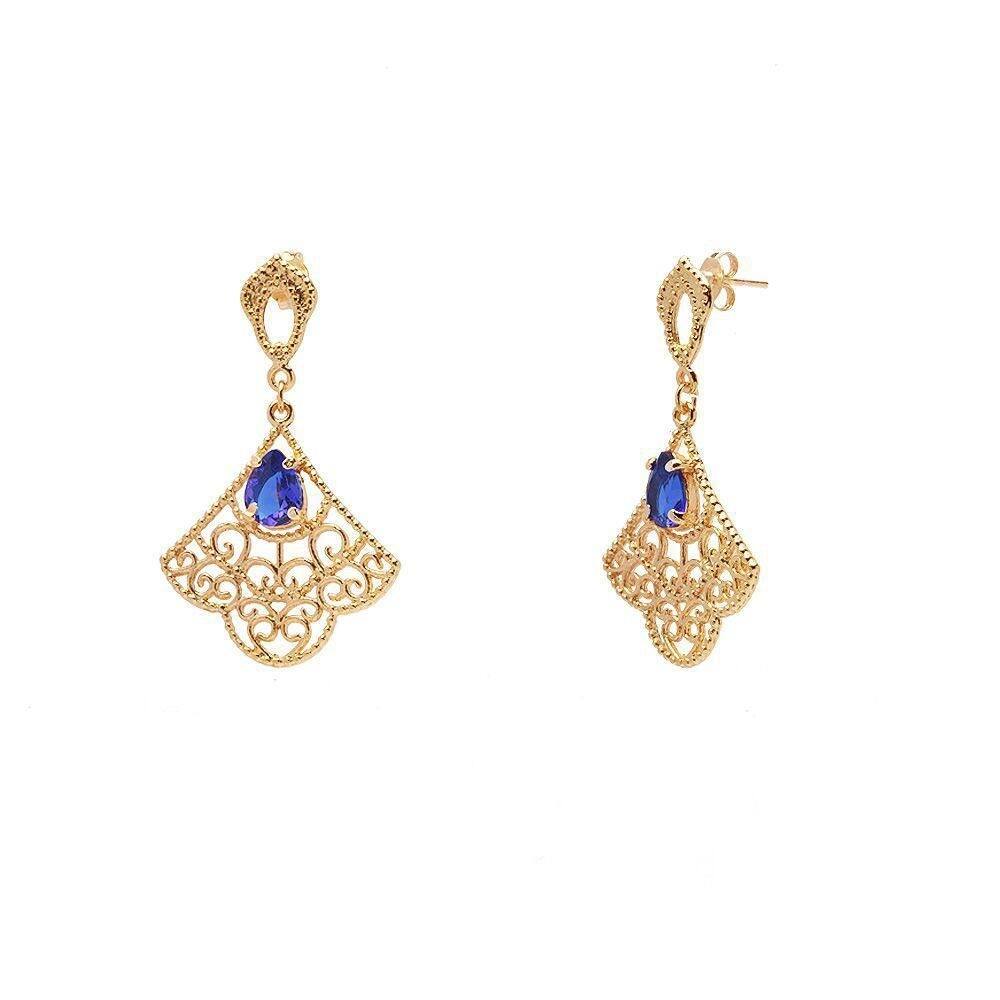 Brinco De Pedra Gota Azul Com Detalhes Folheado A Ouro 18K