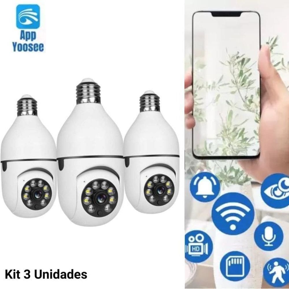 Kit 3 câmeras segurança wi-fi ip sem fio 360 encaixe lampada