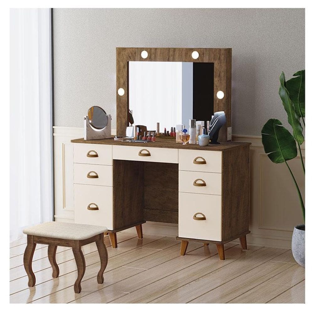 Penteadeira Camarim New Seul com Banqueta Almofadada Ambiente Malbec Off White - Luapa