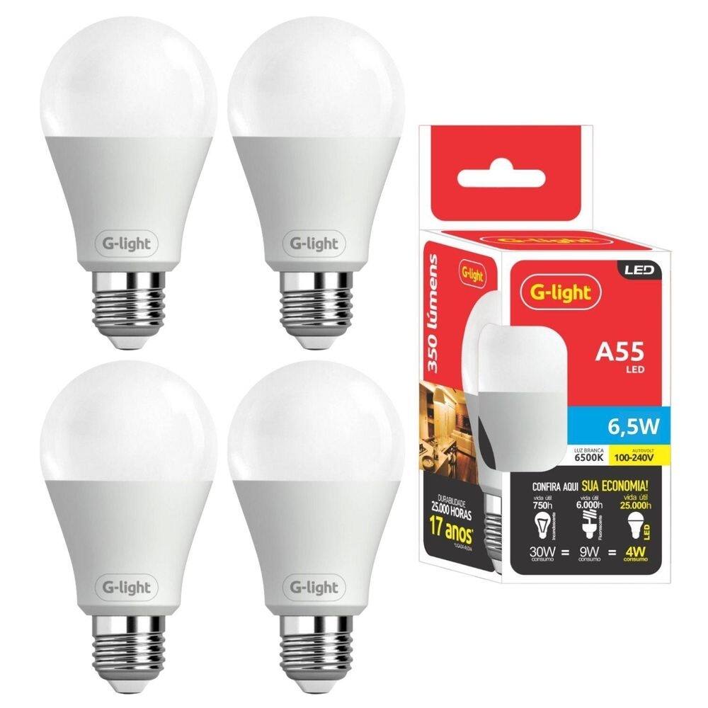 Kit 4 lâmpadas led bulbo 6500k 6,5w 565 lumens iluminação
