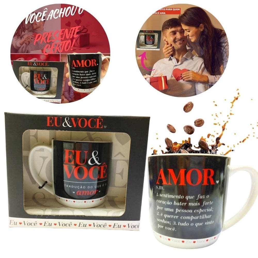 Caneca Preta Porcelana 300Ml Café Eu E Você Dizeres Amor