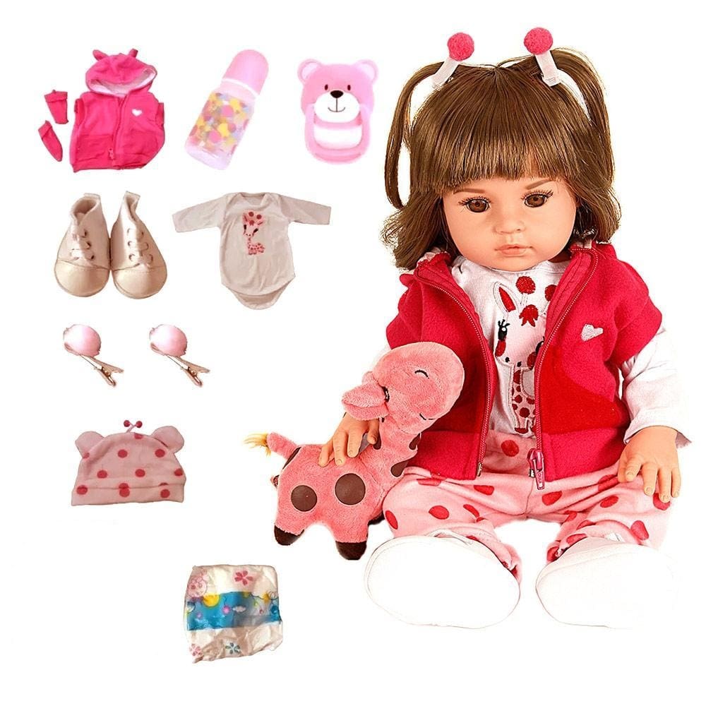 Boneca bebê reborn morena em silicone com girafinha