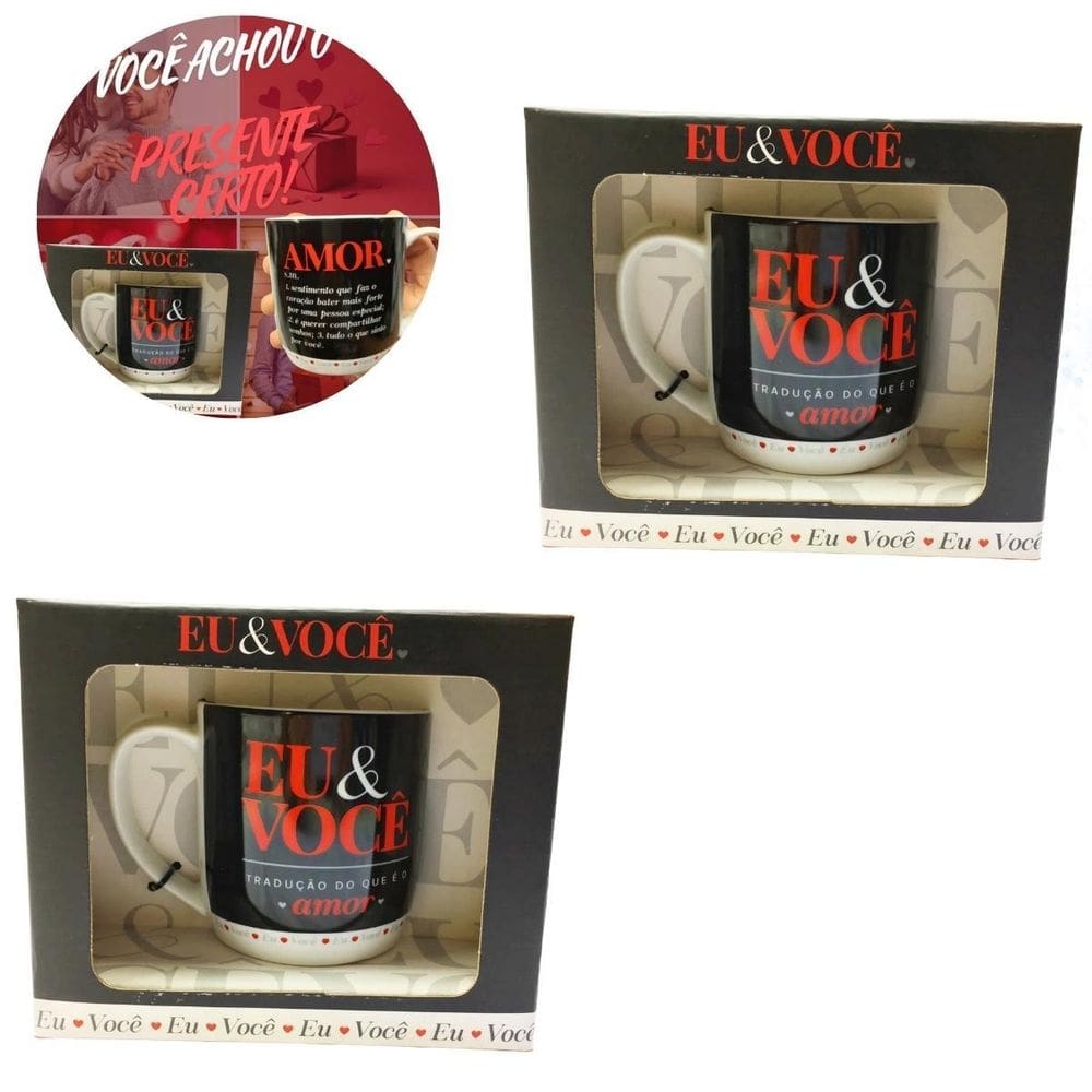 Kit 2Un Caneca Preta Porcelana 300Ml Café Eu E Você Dizeres