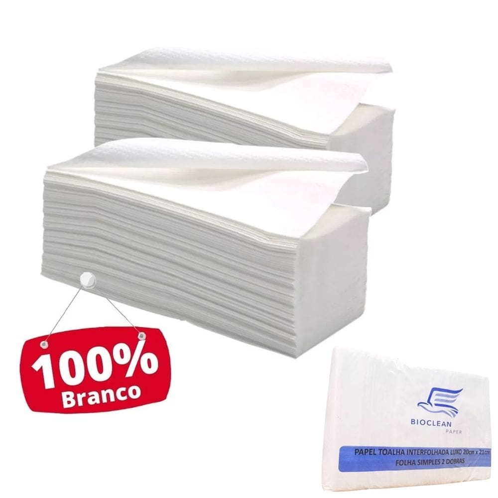 Papel Toalha  Interfolhado 20 x 21 cm Pacote 1000 Folhas Bioclean Paper Luxo Branco 100% Fibras Naturais Para Banheiro