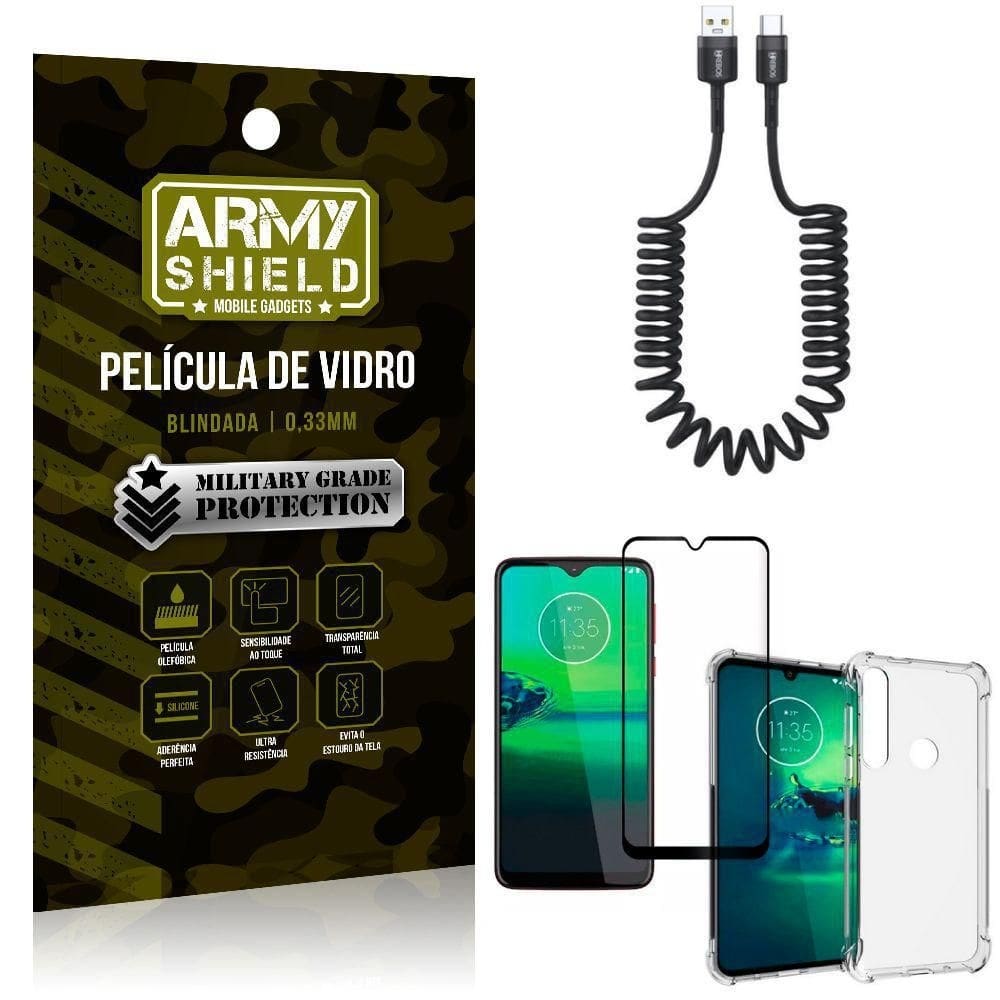 Cabo espiral moto g8 plus+capinha anti impacto+película 3d