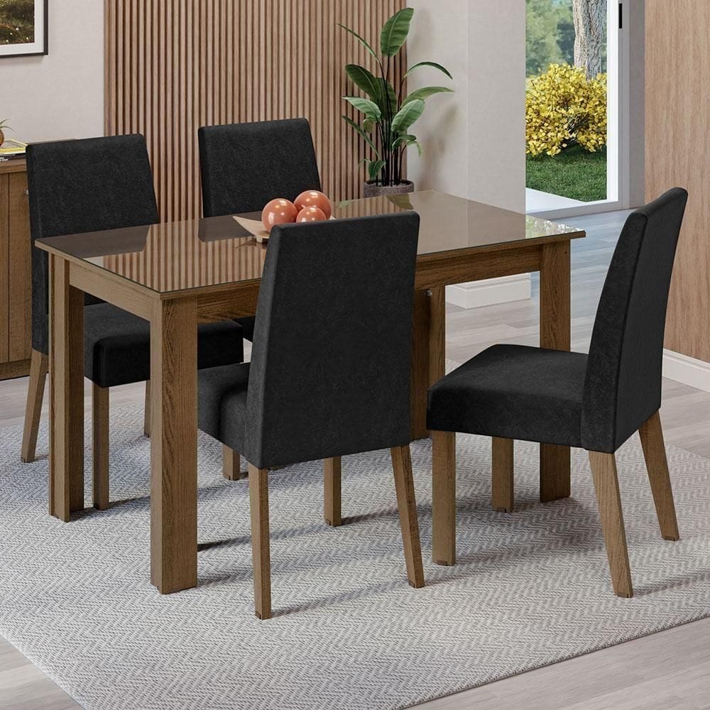 Conjunto Sala De Jantar Mesa Tampo De Vidro 4 Cadeiras Rustic/oxford Antônia Madesa