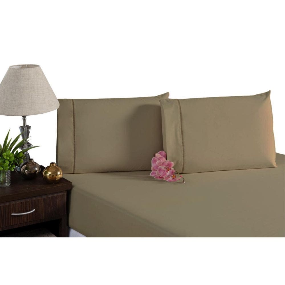 Lençol casal padrão ponto palito com elástico 3 peças bege