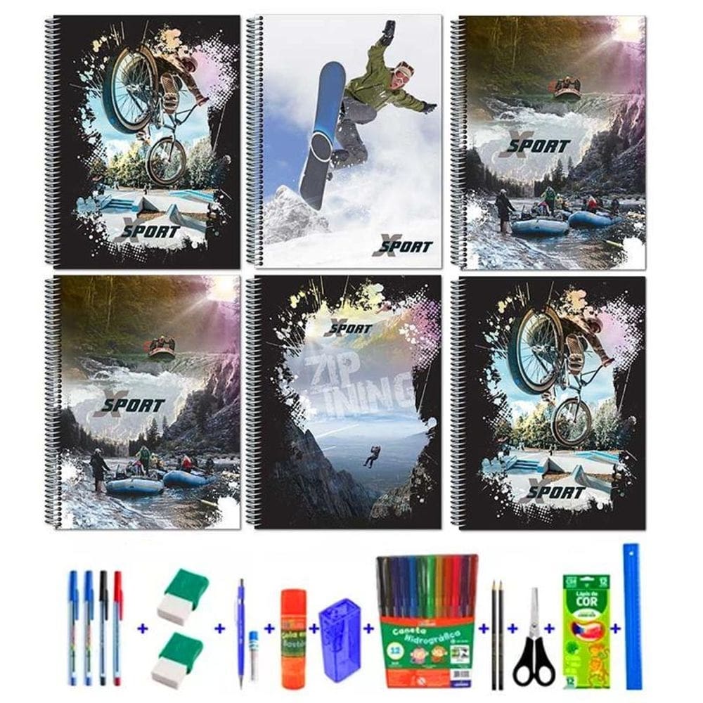 Kit 6 caderno espiral sports 96f capa dura + 38 acessórios