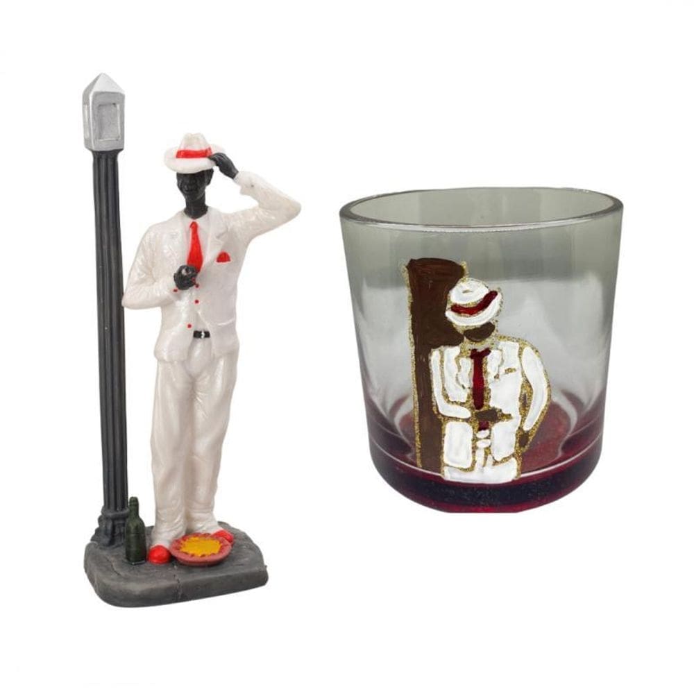 Kit escultura zé pelintra 25 cm resina + copo whisky