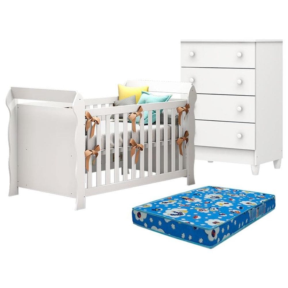 Berço Americano Lara e Cômoda Gaveteiro Mel Flat Branco Brilho com Colchão Ortobom - Carolina