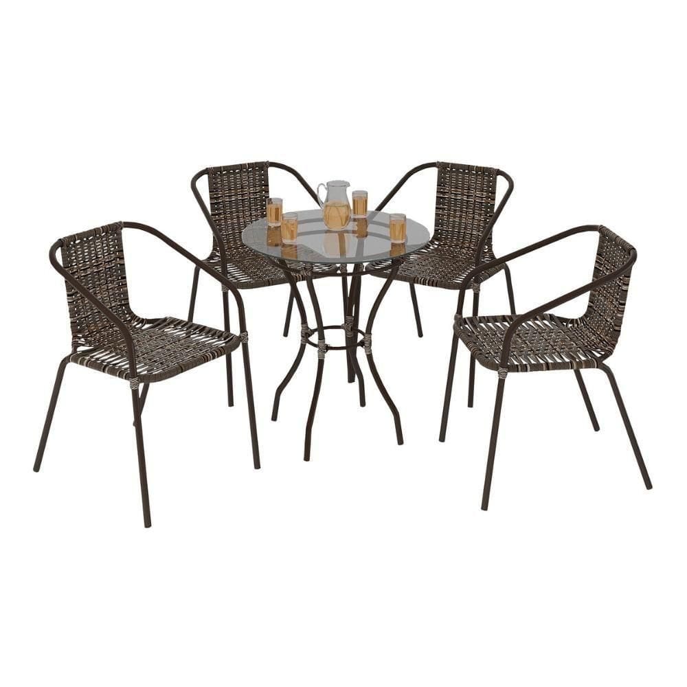 Conjunto Jardim Mesa Vidro 60cm 4Cadeiras Junco Cr8008 Café