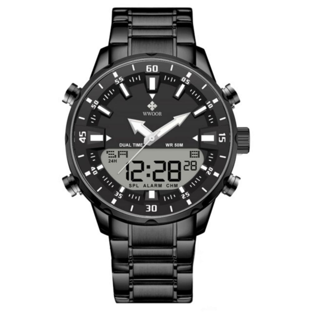 Relógio Masculino de Quartzo Digital Display Duplo Pulseira em Aço inoxidavel Impermeável