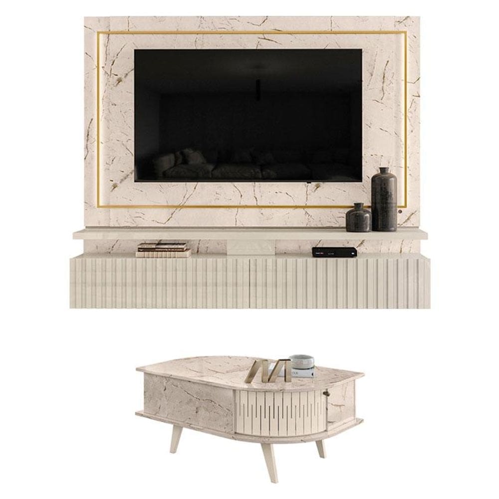Estante Home Theater Suspenso Gaia com Mesa de Centro Indianápolis Calacata Off White – Madetec