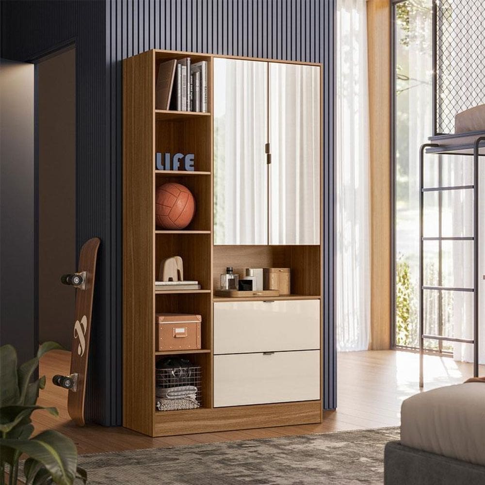 Armário Multiuso 2 Portas Ambiente Joy Amêndola Off White com Espelho – Demóbile