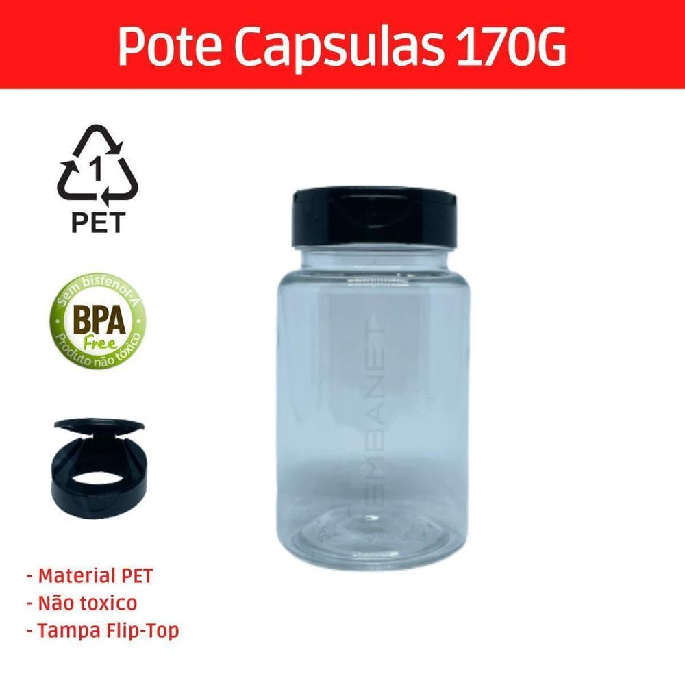 Pote pet vazio para tempero tampa flip top preta 170ml 5 und
