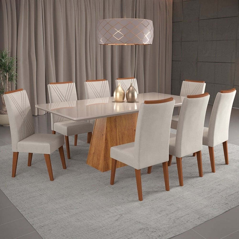 Mesa de Jantar 8 Lugares Indianápolis com Vidro Marfim/Off White - Panorama Móveis
