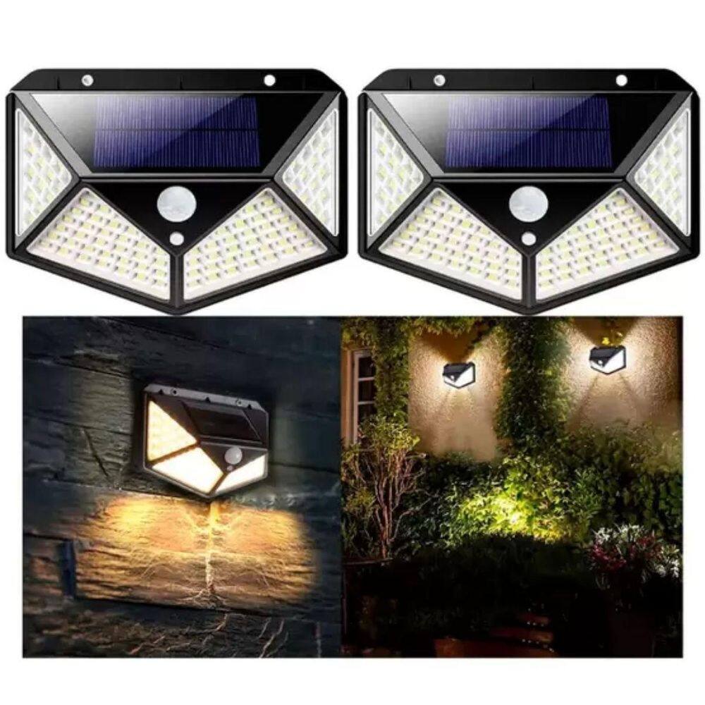 Luminária Solar 100 Leds Preto Para Parede Externa