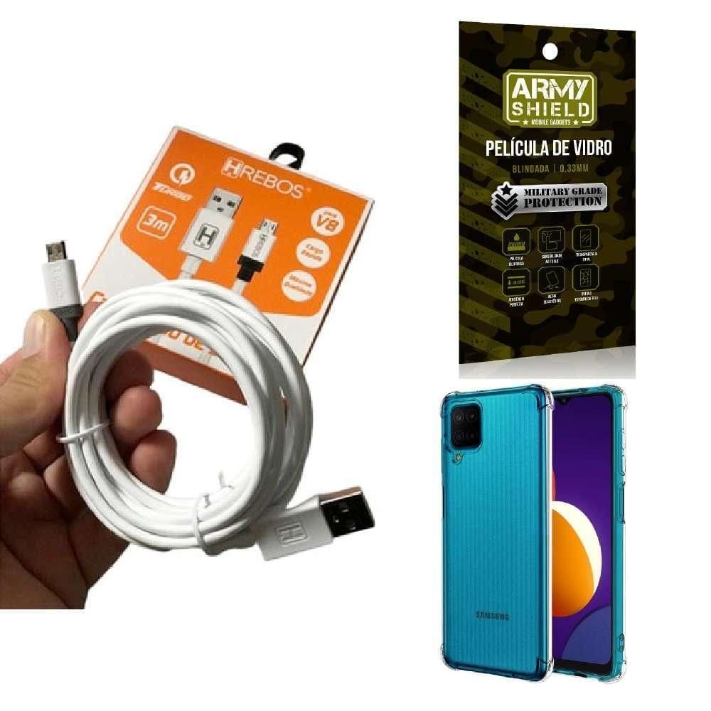 Kit capinha samsung m12 com cabo turbo e película de vidro