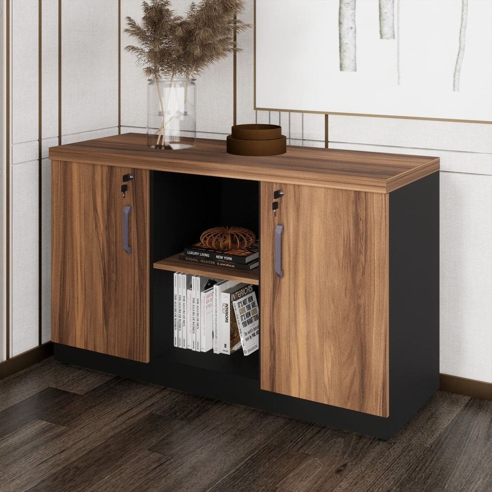 Armário para Escritório Baixo Credenza Marrom/Preto