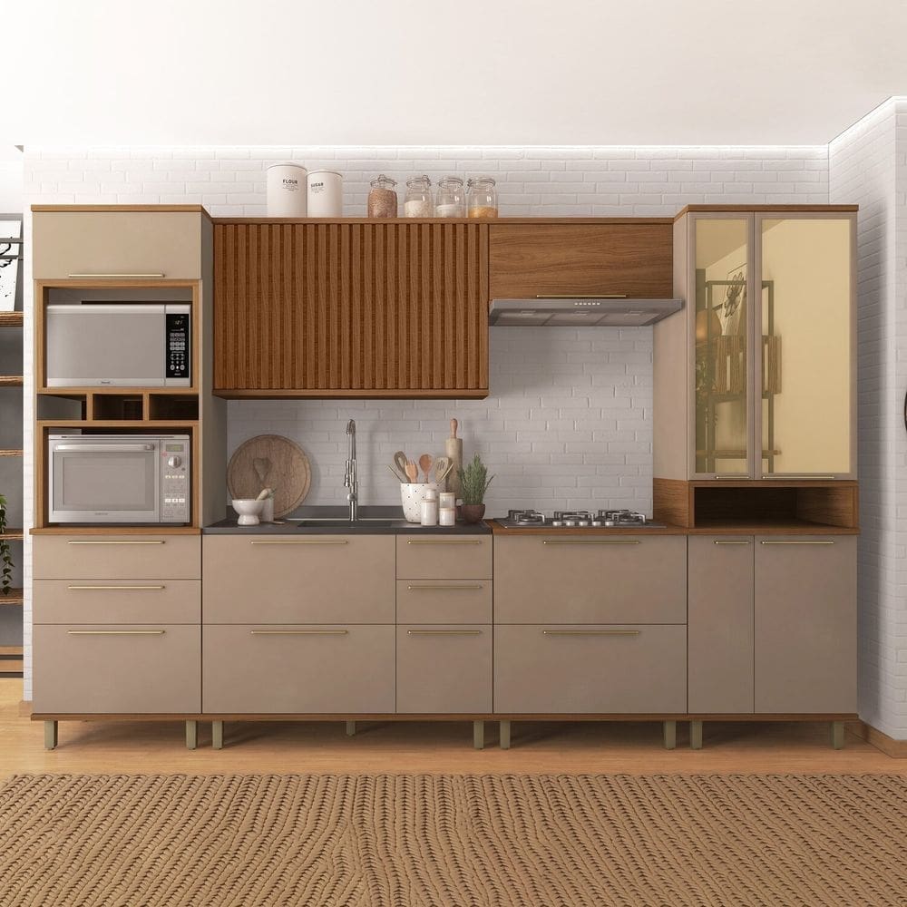 Cozinha Modulada Completa 6 Peças 12 Portas 6 Gavetas Madri Freijó/Camurça