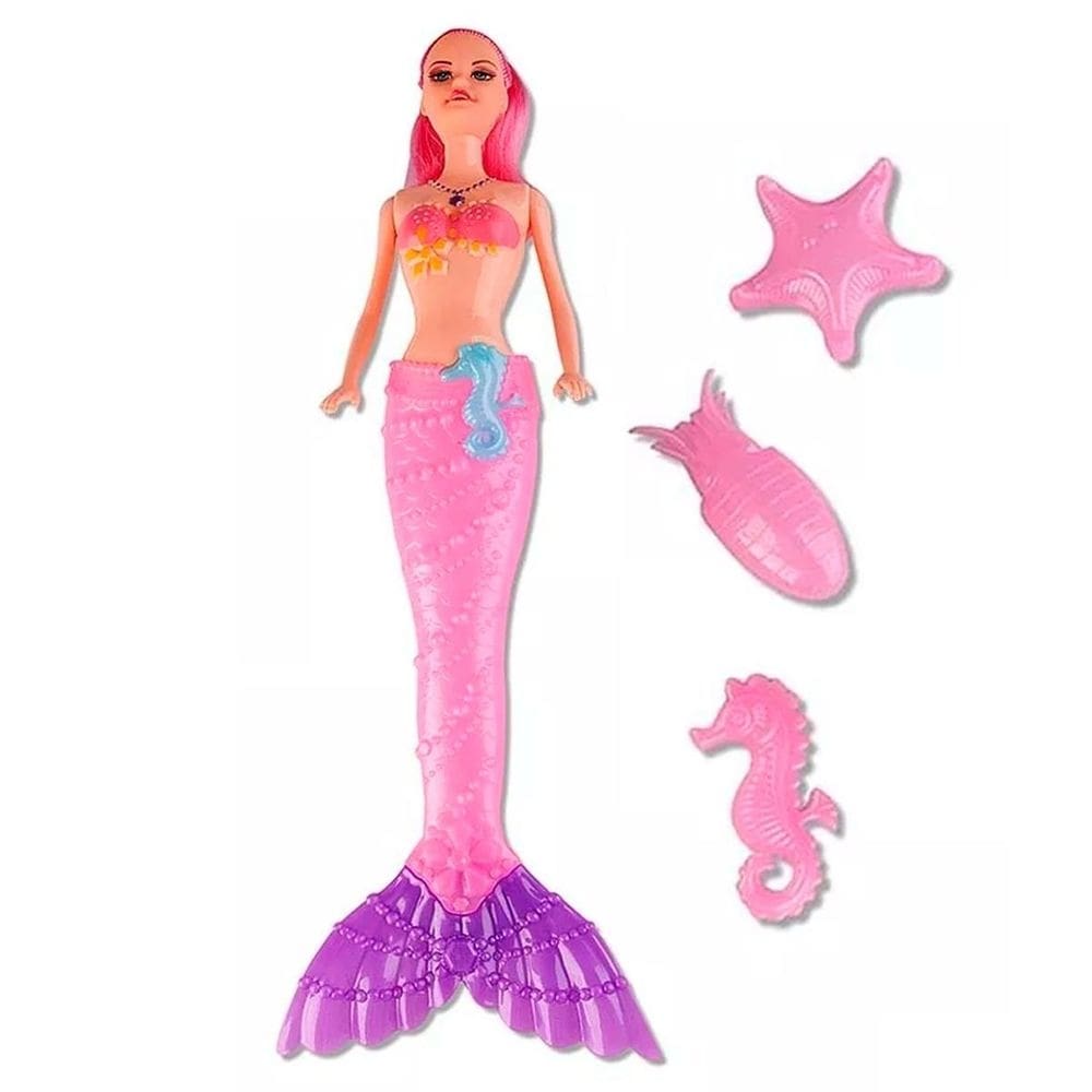 Kit de boneca sereia princesa + acessórios acende s/ caixa
