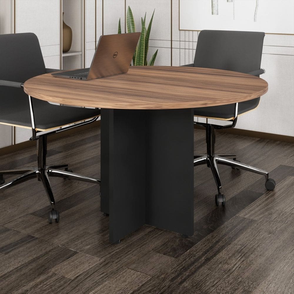 Mesa de Reunião Circular Pé Painel Marrom/Preto