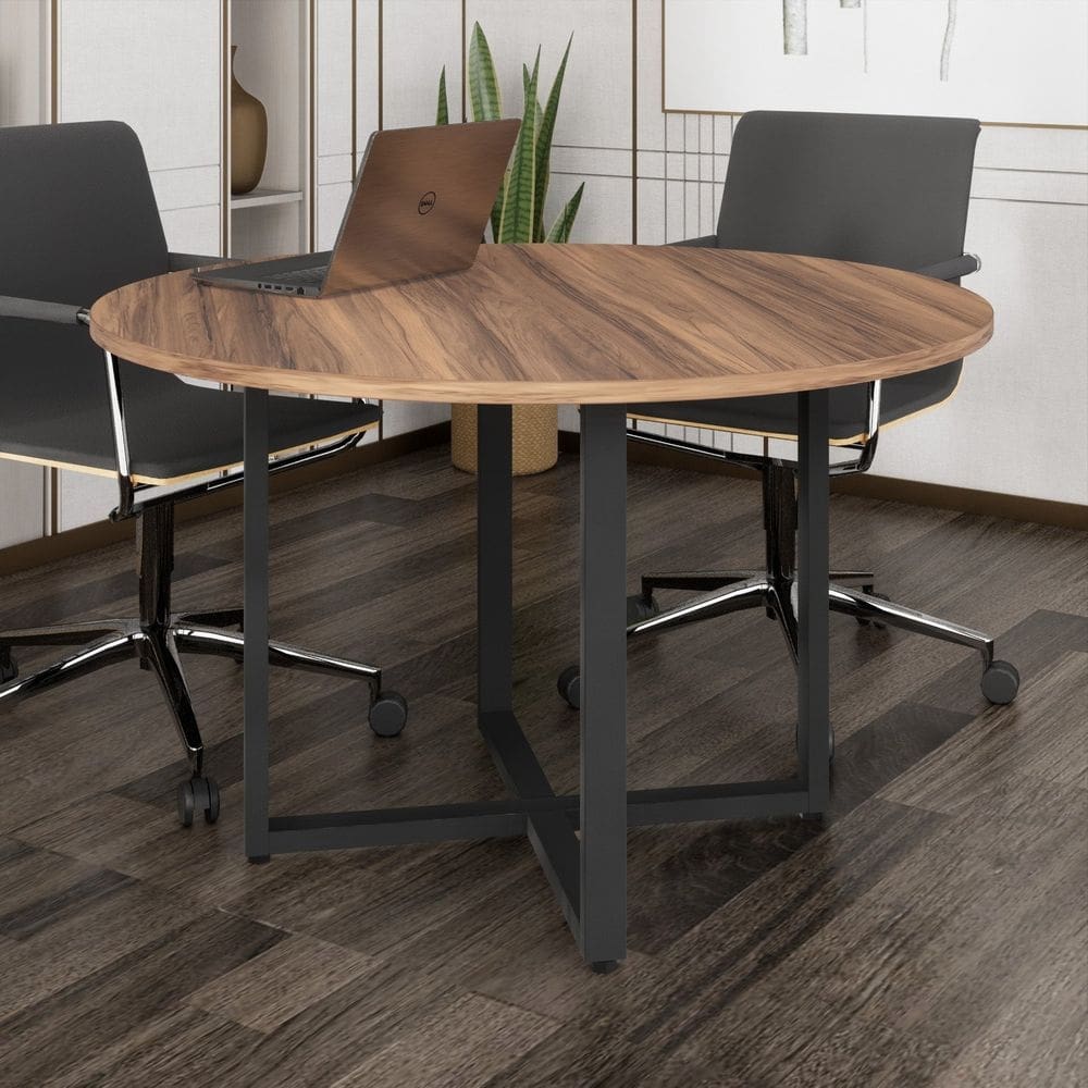 Mesa de Reunião Circular Pé Quadro Marrom/Preto