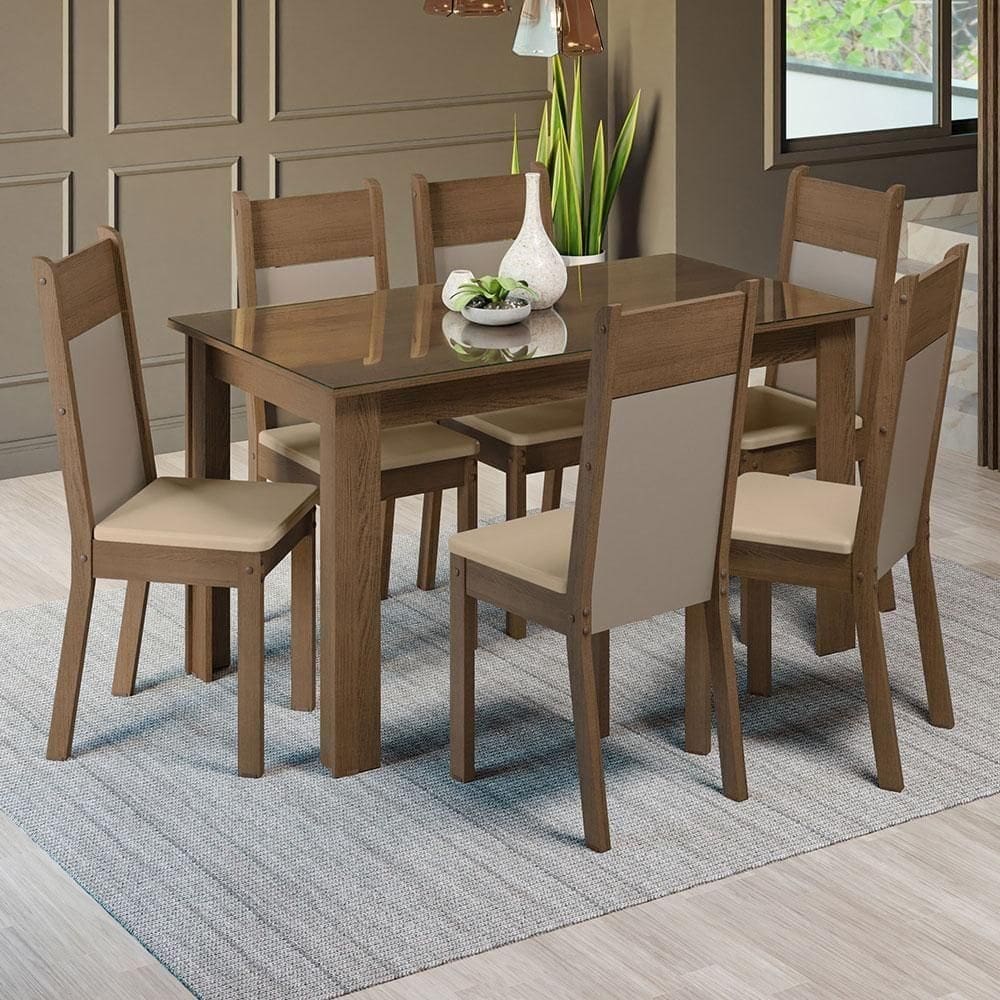 Sala De Jantar Mesa Tampo De Vidro 6 Cadeiras Rustic-crema-bege Zoe Madesa Rustic-crema-bege