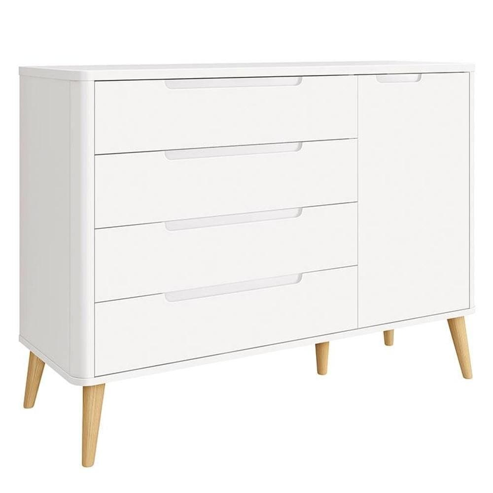 Cômoda Infantil Retrô Boom Branco com Pés Madeira Natural - Reller