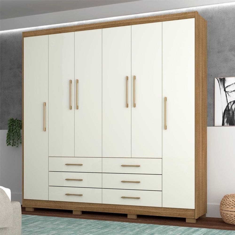 Guarda-roupa Casas Real com 6 Portas e 6 Gavetas Marrom/ Champanhe