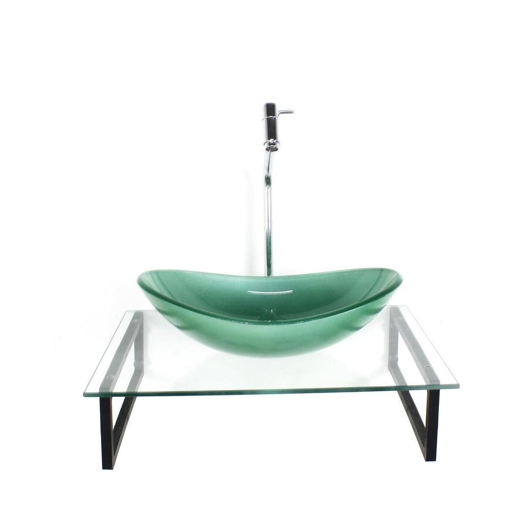 Kit cuba vidro oval 10mm verde tampo 50cm incolor suporte